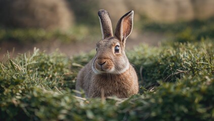 Obraz premium A Brown Hare Alertly Resting on Fresh Hay