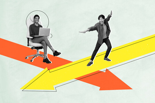 Fototapeta Composite sketch 3d collage poster of happy businesswoman businessman stand arrow development statistics career promotion