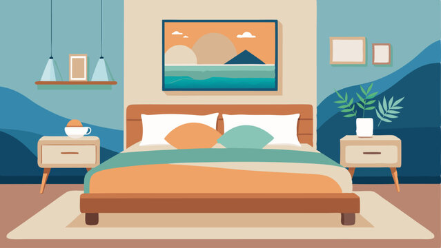 A cozy bedroom with a neutral color scheme a natural wood bed frame and oceaninspired artwork.