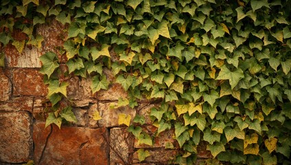 Climbing ivy covering the wall with textured leaves