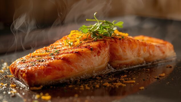 Low angle shot of steamed salmon seasoned with lemon zest, herbs, and spices