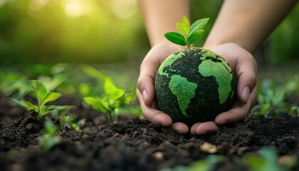 Two hands carefully place a young plant into the soil atop a small model of the earth, representing environmental responsibility.