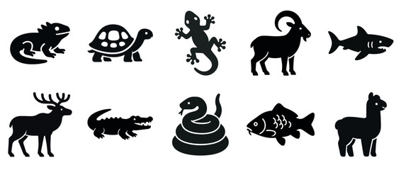 Fototapeta premium Silhouette icons of various animals including reptiles, mammals, and fish
