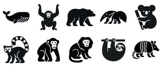 Obraz premium Silhouette icons of various animals: whale, monkey, bear, anteater, koala, lemur, lion, sloth, armadillo