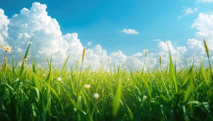 Fototapeta premium Lush green lawn under a clear blue sky