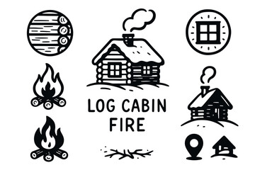 Obraz premium Black outline vector icons of a log cabin, firewood, campfire, and window, showcasing winter and camping themes in a minimalistic style.