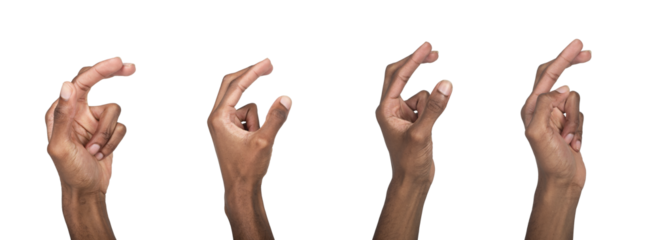 Set of black left hands performing gesture with thumb and fingers forming a clicking or snapping