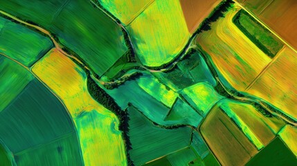 Abstract multicolor aerial patchwork — green, yellow & magenta for presentation backgrounds, posters and wallpapers