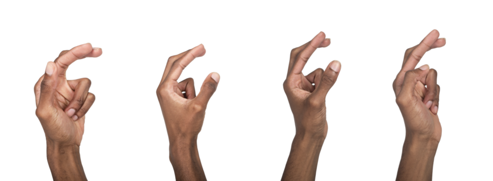 Set of black left hands performing gesture with thumb and fingers forming a clicking or snapping