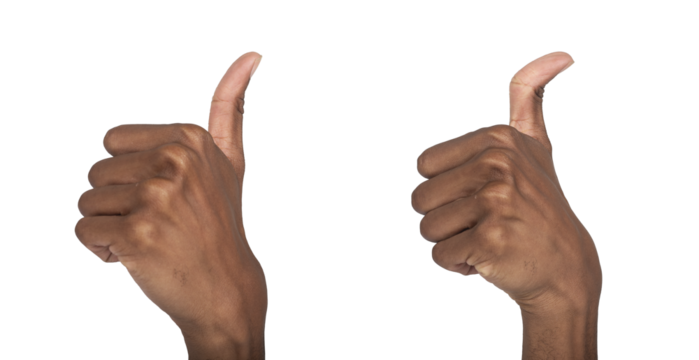 Thumb up hand gesture showing approval and like sign. Black skin male making positive signal for