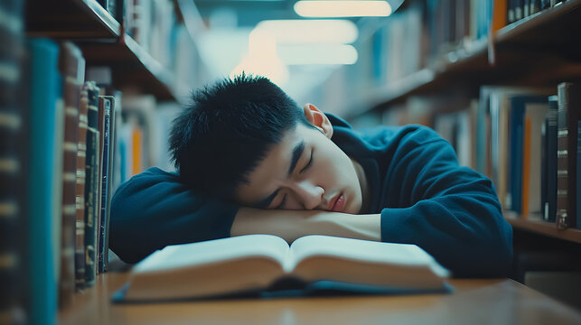 A student studying hard for an exam, eventually falling asleep on books in a library.