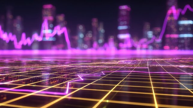 Futuristic city skyline with neon lights and digital data visualization, showcasing vibrant graphs and reflections on the grid floor at night