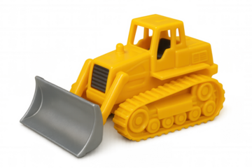 Yellow toy bulldozer representing construction, childhood play, and building engineering on transparent background