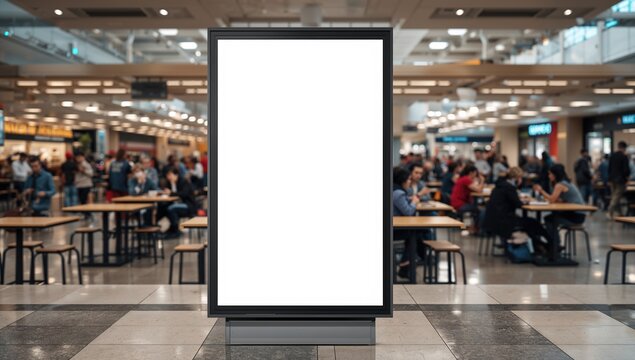 Blank vertical billboard mockup positioned before a busy retail center or dining area with seating and patrons visible behind, featuring empty space on the right for text