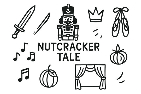 Black outline vector icons depicting ballet elements, including a sword, crown, musical notes, and ballet shoes, surrounding a central nutcracker figure.