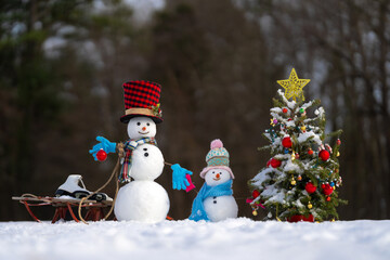 Funny snowman in winter background. Snowman in winter holiday. Decorated snowman. Greeting card for...