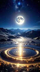 Night Sky Cityscape with Bright Moon and Circular Lights