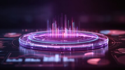 Abstract digital data visualization with vibrant glowing bars and circular design, representing technology, analysis, and futuristic concepts