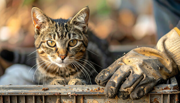 Feral cat management involves humane care and control of stray cat populations using gloves for safety and effective handling outdoors