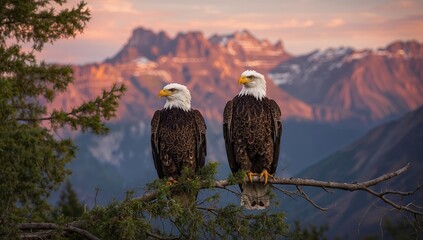 Two Eagles Resting With Mountain