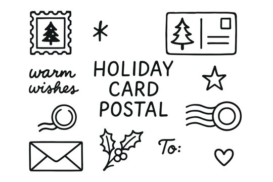 Black outline drawings of holiday-themed elements including a postcard, stamp, holly, and festive greetings for a cheerful celebration.