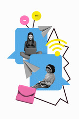 Trend vertical artwork sketch 3d photo collage of two happy girls surf laptop distance communication wifi network message speech