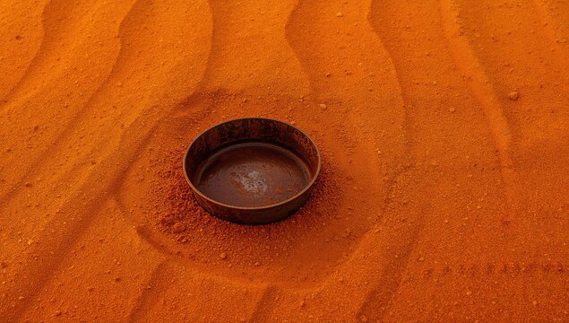 Close-up of an empty frying pan amidst desert sand dunes - Powered by Adobe