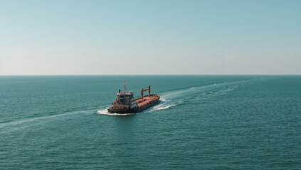 Obraz premium Cargo barge drifting across ocean waters. Unloaded vessel sailing toward commercial harbor. Maritime transport of merchandise. Continental outlines against the horizon. Vessel departing dock for