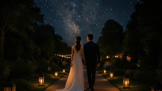 A romantic, cinematic video scene of a couple walking under a starry sky. Shot from behind at eye level, with lanterns lining the path. Live desktop wallpaper.