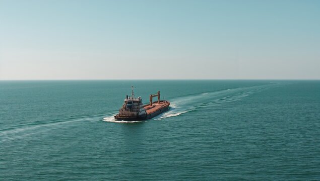 Cargo barge drifting across ocean waters. Unloaded vessel sailing toward commercial harbor. Maritime transport of merchandise. Continental outlines against the horizon. Vessel departing dock for - Powered by Adobe