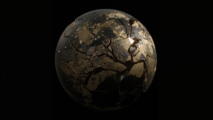 3D visualization of a fractured spherical object resembling a celestial body with golden accents on a dark background