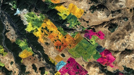 Abstract multicolor aerial patchwork — green, yellow & magenta for presentation backgrounds, posters and wallpapers