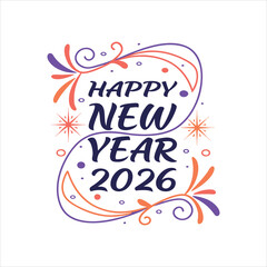 Happy New Year 2026 Greeting — Elegant Typography with Decorative Swirls and Festive Elements on White Background