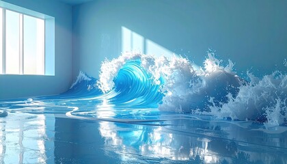 Ocean Wave Crashing in Empty Room with Bright Sunlight