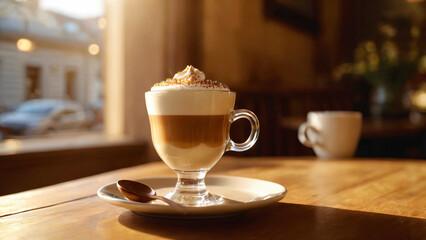 Fototapeta premium Close-up of a layered latte in a glass cup on a wooden table, flooded with warm morning light inside a cozy cafe