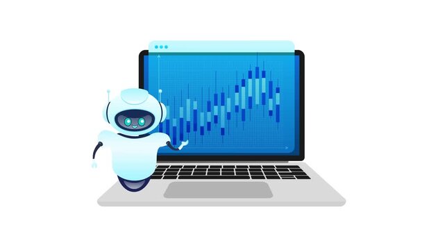 Robot trading bot analyzing financial data on laptop screen