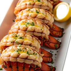 Succulent lobster tails drizzled with butter and herbs, a gourmet seafood delight ready to be served with a fresh lemon wedge for an elegant dinner party