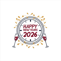 Happy New Year 2026 Clock Design with Champagne Glasses and Festive Decoration