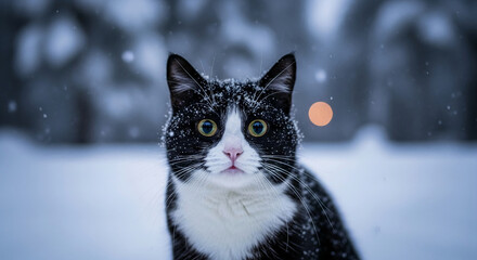 Fototapeta premium Close-up of a black and white cat with snow on fur, representing resilience, survival, and adaptation to cold climate, suitable for winter concepts