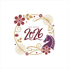 Elegant 2026 New Year Design with Floral Wreath and Horse Illustration