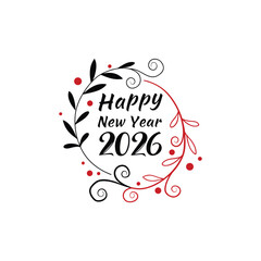Happy New Year 2026 Wreath Design with Decorative Leaves and Swirls on White Background