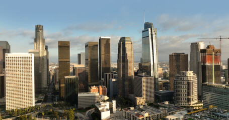 Modern cityscape of Los Angeles, California. Drone view of Los Angeles. Panoramic photo of downtown...