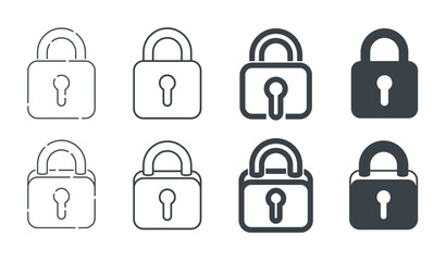 nine minimalist lock glyphs set, flat line lock icons for ui design