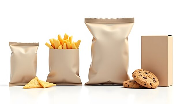 Blank Snack Packaging Mockup with Chips, French Fries and Cookies on White Background