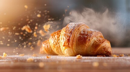 Freshly Baked Croissant with Powdered Sugar and Flaky Pastry on Wooden Table