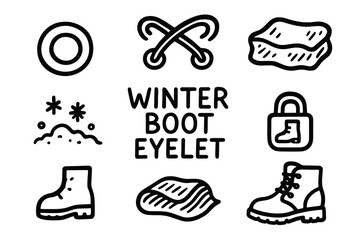 Fototapeta premium Black outline icons depicting various winter boot components, including eyelets, laces, waterproof materials, and snow traction elements.