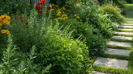 Obraz premium Herbs grow among bright garden paths