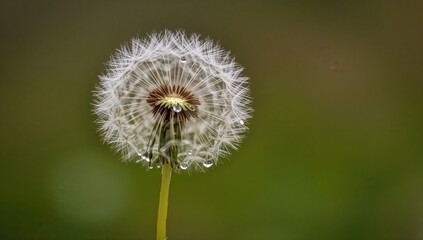 Close-up of a dandelion covered in dew drops
