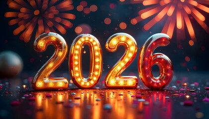 The Dawn of 2026: A radiant display, with a glowing 2026 centerpiece, heralds the New Year. Illuminated numbers shimmer against a backdrop of celebratory fireworks and festive confetti