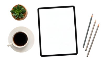Tablet with coffee and succulent isolated on transparent background, top view